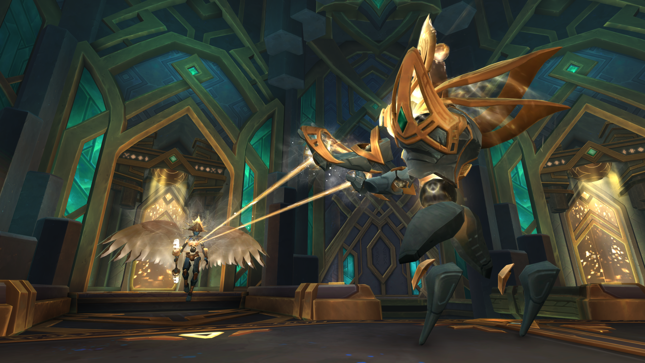 "Screenshot of a scene from World of Warcraft's Shadowlands expansion, showing the Eternity's End raid prototype with the Pantheon boss. The veil between life and death is depicted as being torn open, with a bright light shining through the rift."