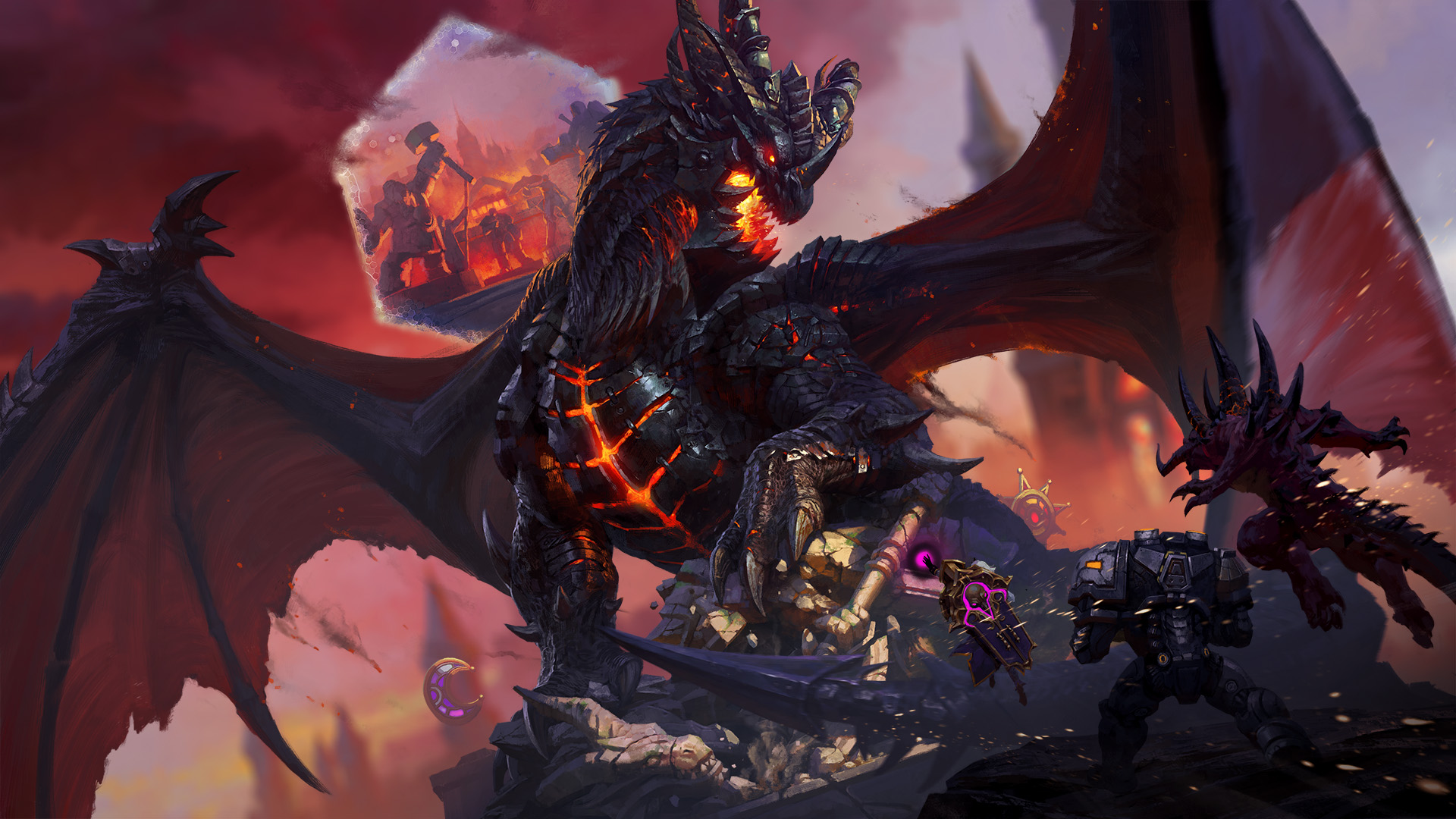 Image of Deathwing, a massive black dragon with tattered wings and fiery eyes engaged in battle. The dragon's body is covered in black scales and his mouth is open, revealing sharp teeth. His claws and tail are in motion, suggesting a fierce attack.