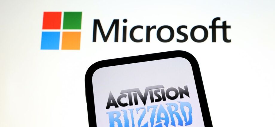 Microsoft logo with a a phone that shows Activision Blizzard logo