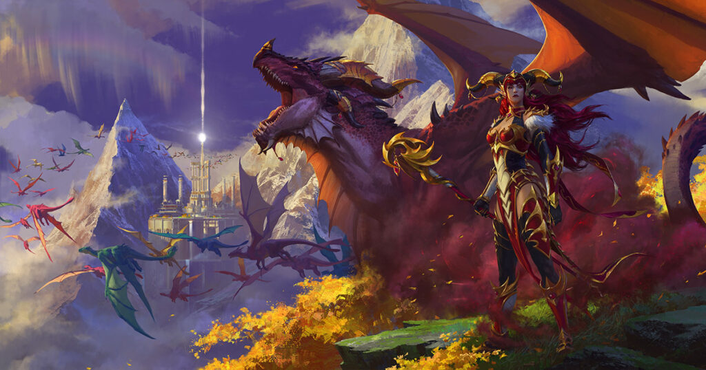 Alexstrasza, the Life-Binder, stands tall and proud in her humanoid form, while her dragon form roars powerfully behind her. In the background, other dragons can be seen soaring through the sky. Dragonflights in World of Warcraft can be seen in this image