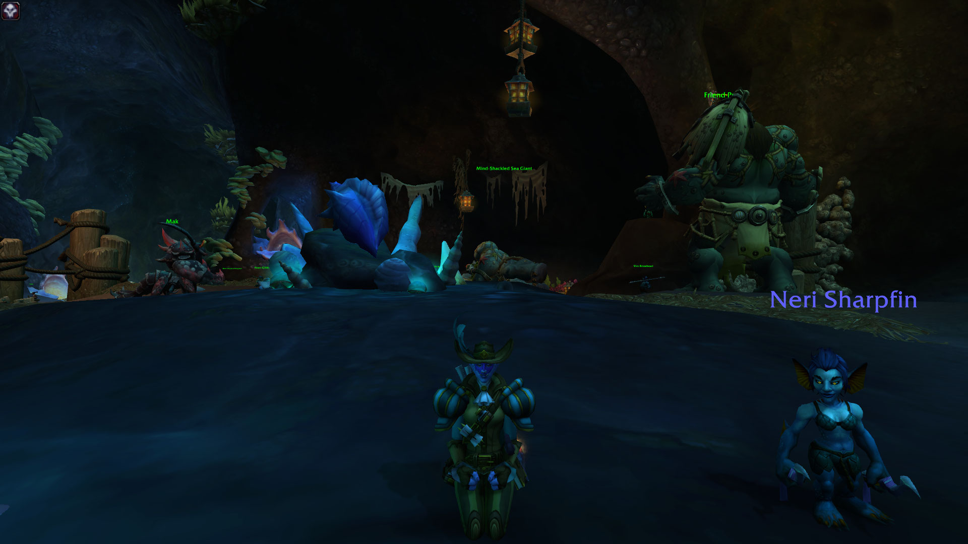 Troll character and Unshackled ally sitting in Nazjatar in World of Warcraft