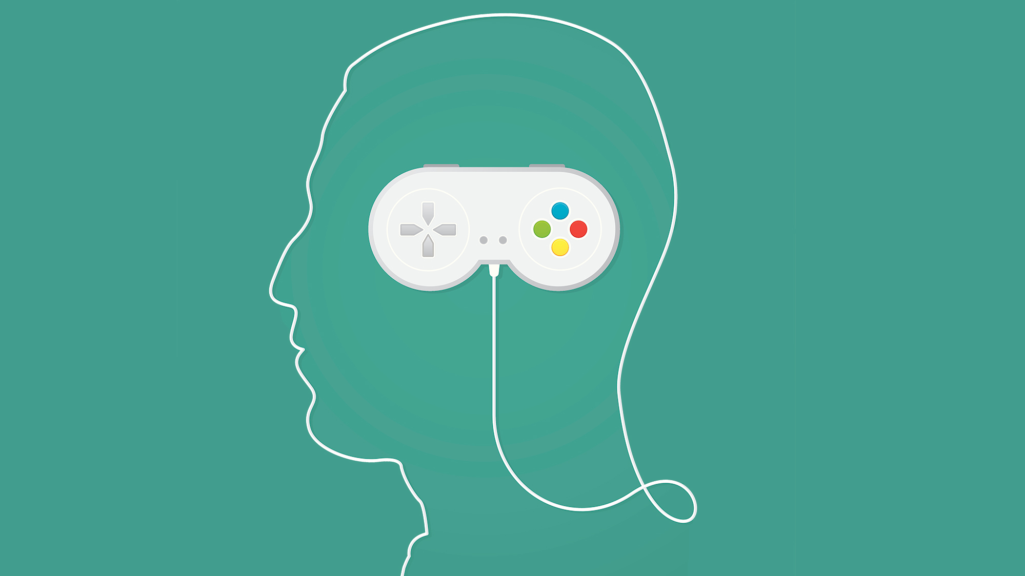 A green background with an image of a head with a video game controller inside it. This image represents the connection between video games and mental health, and how video games can be used as a tool for support.
