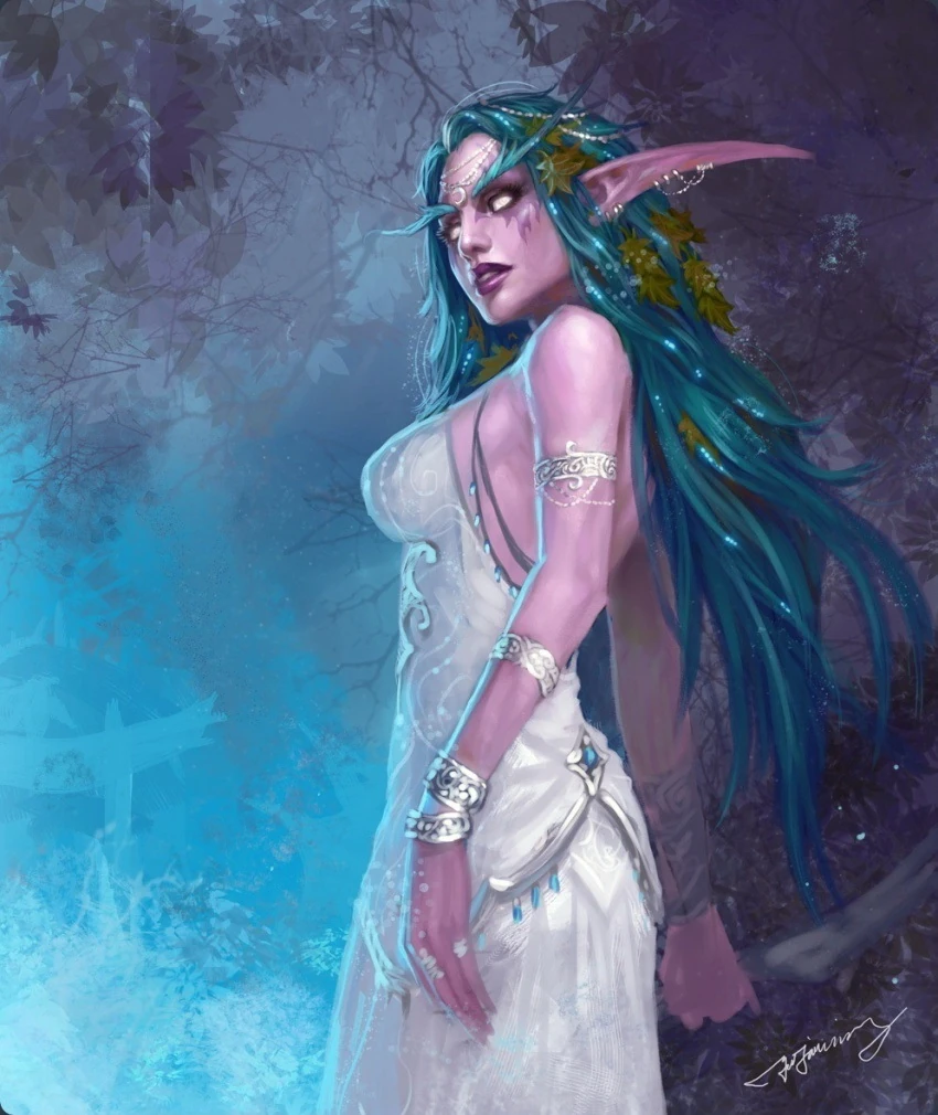 A captivating painting of Tyrande Whisperwind, the high priestess of Elune and leader of the Night Elves