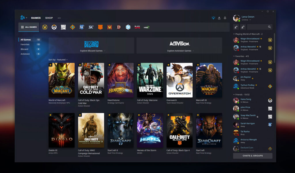Screenshot of the Battle.net Launcher interface displaying Blizzard Entertainment's gaming platform on a computer screen.