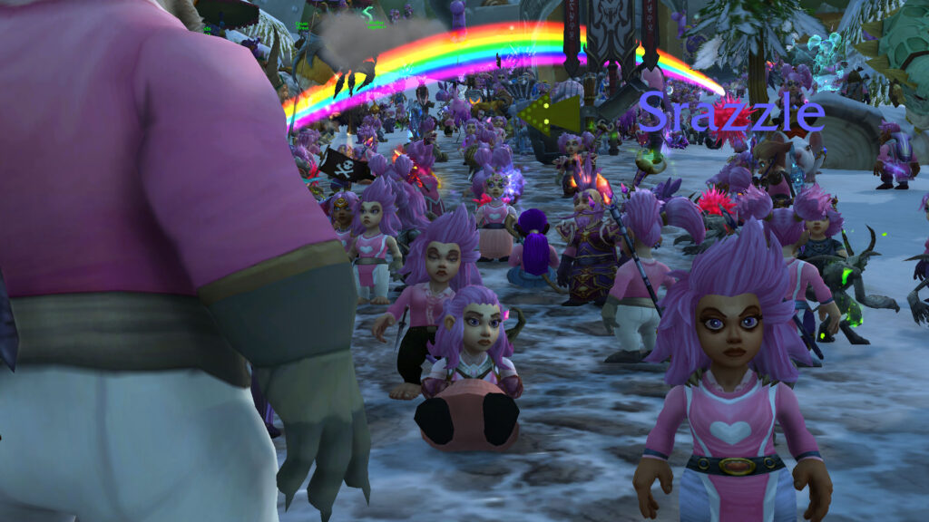 Pink-Haired Gnome in New Tinkertown, Eagerly Awaiting the Running of the Gnomes Event
