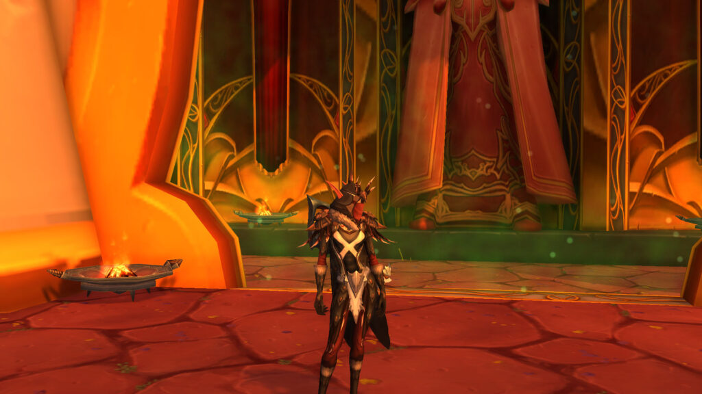 Blood Elf Hunter poised at Sunwell Plateau's entrance, bow ready