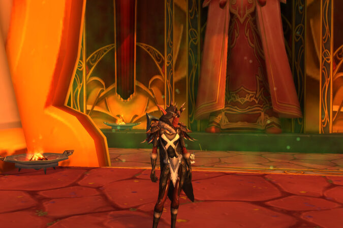 Blood Elf Hunter poised at Sunwell Plateau's entrance, bow ready