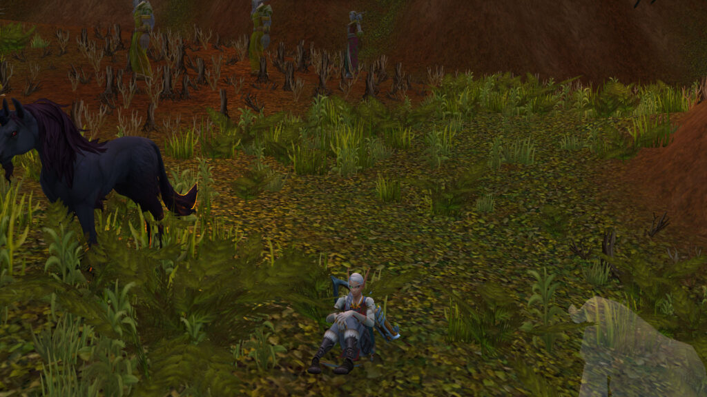 Blood Elf Hunter relaxing in the grass with pet companion by their side.