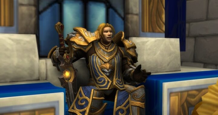 King Anduin Wrynn seated on his throne, depicted in a jovial moment during the 'Missing Blade' quest.