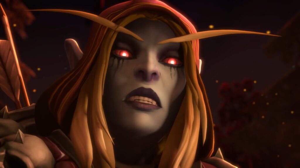 Close-up image capturing Sylvanas Windrunner's banshee face during the intense internal conflict scene from the 'Shattered Legacies' cinematic in World of Warcraft.