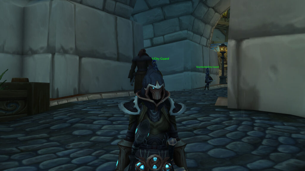 Stealthy rogue in Stormwind City, blending into shadows with a dagger at the ready.