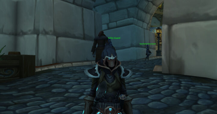 Stealthy rogue in Stormwind City, blending into shadows with a dagger at the ready.
