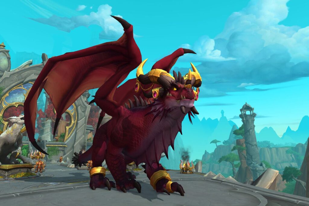Alexstrasza, the Life-Binder, in majestic dragon form, surveys the awe-inspiring Dragon Isles with a watchful gaze, embodying her role as the guardian of life and protector of Azeroth's realms