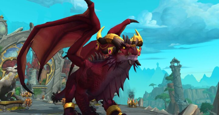 Alexstrasza, the Life-Binder, in majestic dragon form, surveys the awe-inspiring Dragon Isles with a watchful gaze, embodying her role as the guardian of life and protector of Azeroth's realms