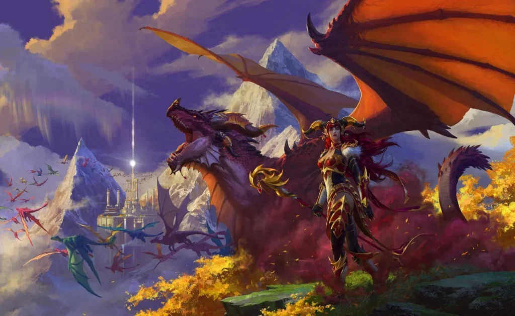 Majestic depiction of Alexstrasza, the Life-Binder, in stunning key art for Dragonflight, embodying strength and grace as the revered leader of the Red Dragonflight in the fantasy world of Azeroth