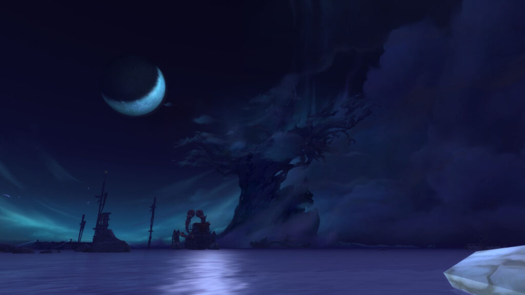 "Image: The iconic World Tree ablaze beneath a haunting crescent moon, symbolizing a pivotal moment in Azeroth's lore.