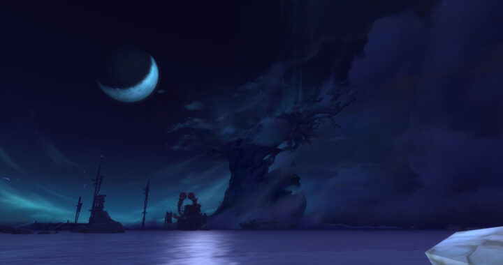 "Image: The iconic World Tree ablaze beneath a haunting crescent moon, symbolizing a pivotal moment in Azeroth's lore.