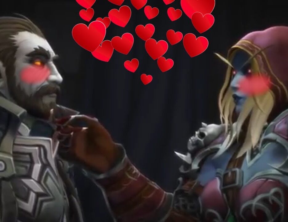 Sylvanas Windrunner and Nathanos Marris, a fantasy couple from Azeroth, surrounded by hearts, embodying love in the World of Warcraft universe.