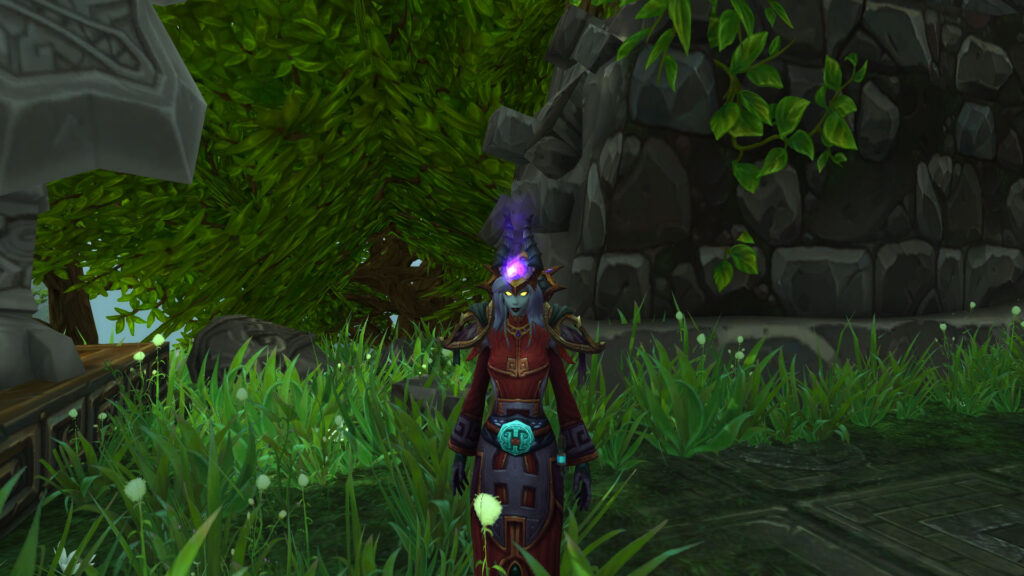 Lightforged draenei priest patiently waits in the Jade Forest for quest completion.