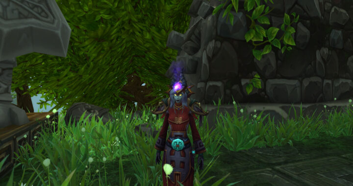 Lightforged draenei priest patiently waits in the Jade Forest for quest completion.