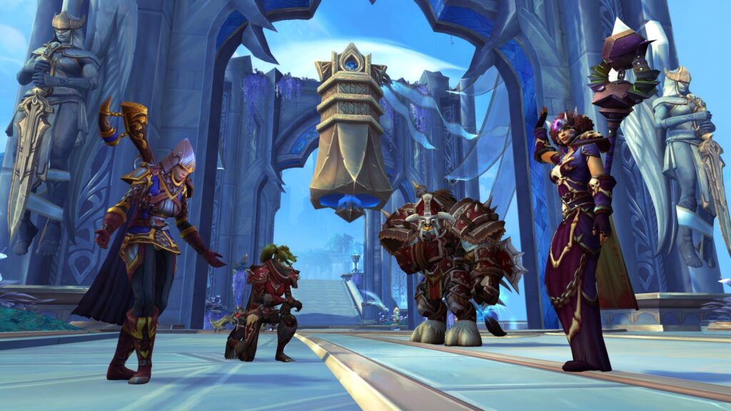 mage depicting a diverse group of World of Warcraft characters in Bastion: a Night Elf druid bowing, a Human paladin kneeling, a Tauren shaman raising hands in reverence, a Blood Elf mage casting a spell, a Dwarf warrior saluting, a Goblin rogue sneaking, a Pandaren monk meditating, and a Forsaken priest blessing.