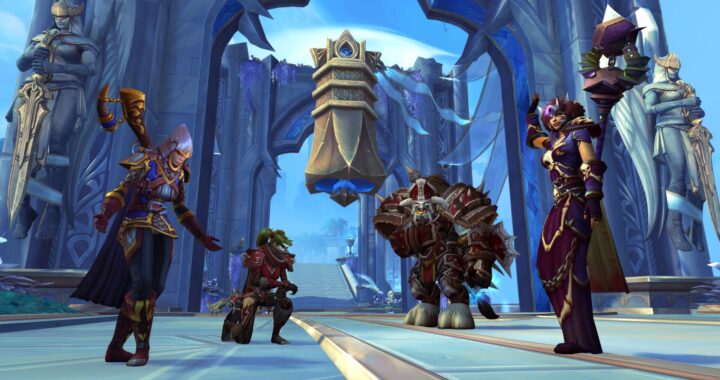 mage depicting a diverse group of World of Warcraft characters in Bastion: a Night Elf druid bowing, a Human paladin kneeling, a Tauren shaman raising hands in reverence, a Blood Elf mage casting a spell, a Dwarf warrior saluting, a Goblin rogue sneaking, a Pandaren monk meditating, and a Forsaken priest blessing.