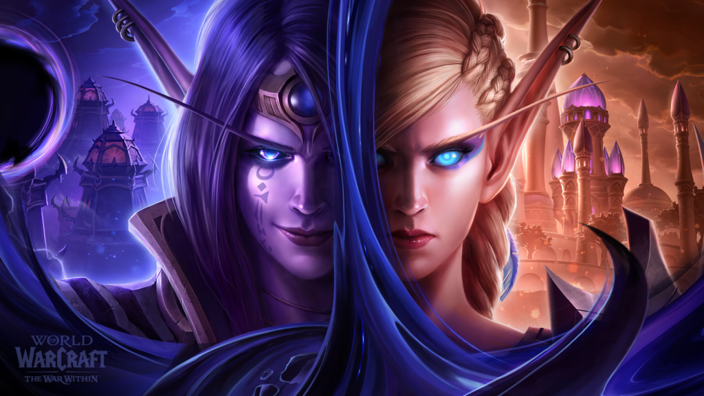 Close-up of Alleria and Xal’atath, with half of Alleria’s face and half of Xal’atath’s face visible, showcasing their clash in The War Within WoW Update