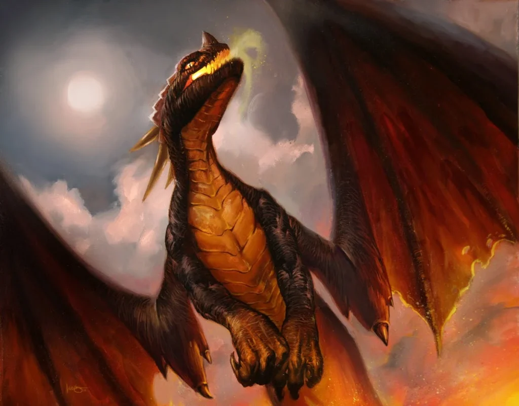 Cover image of the Obsidian Skyterror card from the World of Warcraft TCG, featuring a fierce black dragon with glowing red eyes and fiery wings soaring through a stormy sky