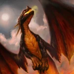 Cover image of the Obsidian Skyterror card from the World of Warcraft TCG, featuring a fierce black dragon with glowing red eyes and fiery wings soaring through a stormy sky