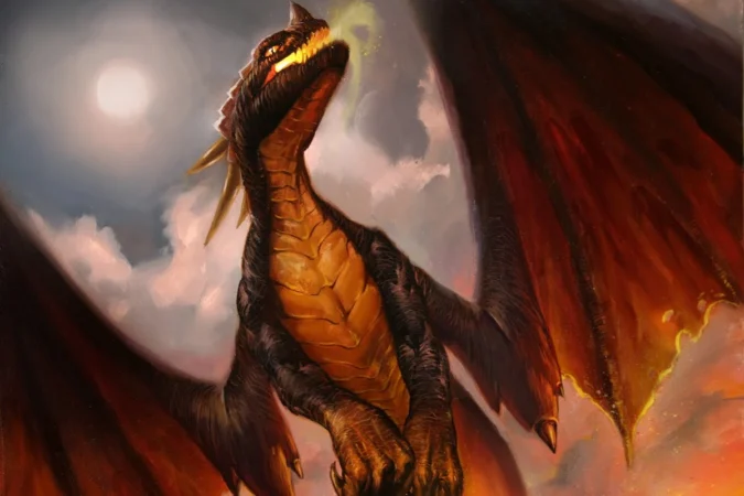 Cover image of the Obsidian Skyterror card from the World of Warcraft TCG, featuring a fierce black dragon with glowing red eyes and fiery wings soaring through a stormy sky