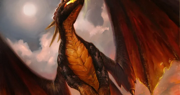 Cover image of the Obsidian Skyterror card from the World of Warcraft TCG, featuring a fierce black dragon with glowing red eyes and fiery wings soaring through a stormy sky