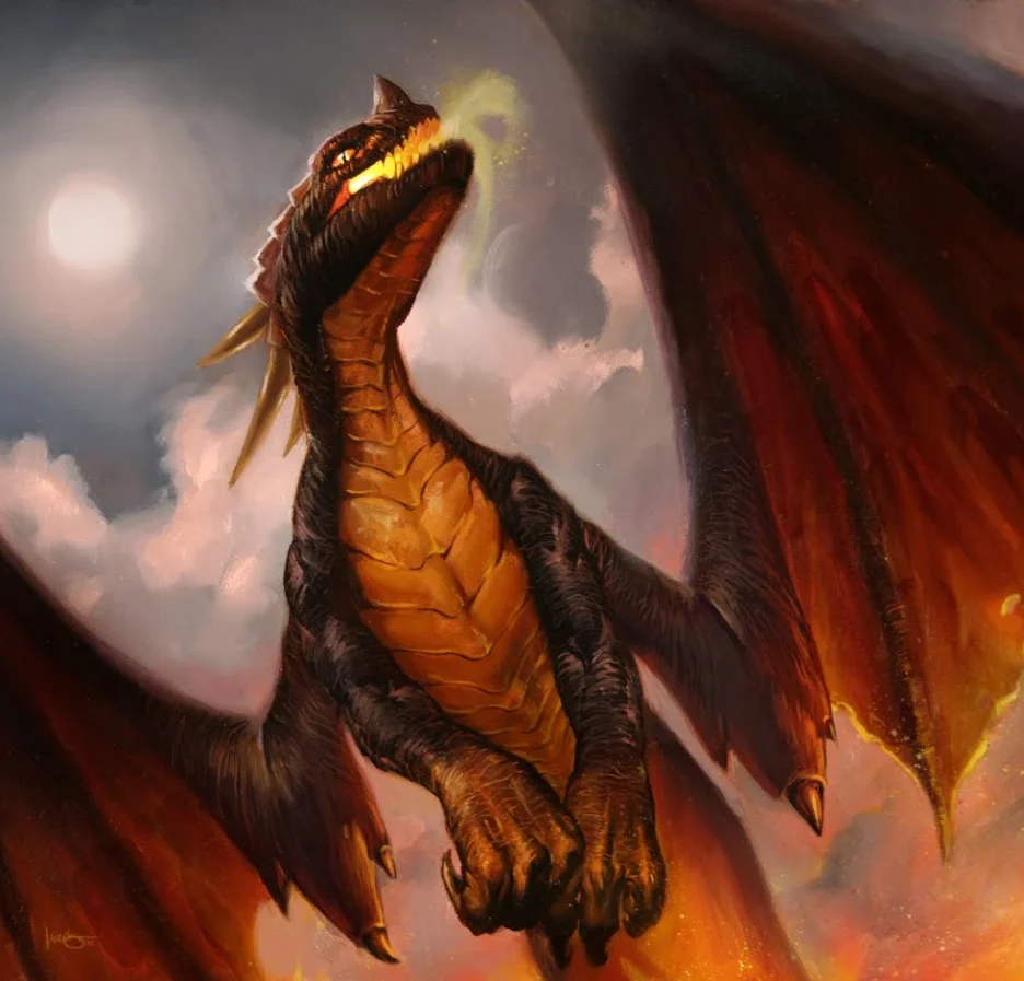 Cover image of the Obsidian Skyterror card from the World of Warcraft TCG, featuring a fierce black dragon with glowing red eyes and fiery wings soaring through a stormy sky